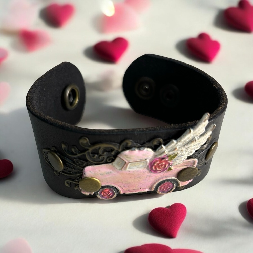 Urban Outfitters Leather Cuff Bracelet Hand Painted Pink Vintage Pick Up Truck